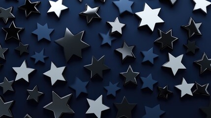 Aufkleber - Silver and black stars on a dark blue background in a 3D cartoon rendering Flat lay top view