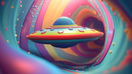 Aufkleber - Colorful cartoon scene featuring a funny 3D rendering of an alien UFO spacecraft in a cosmic setting designed as an illustration for children