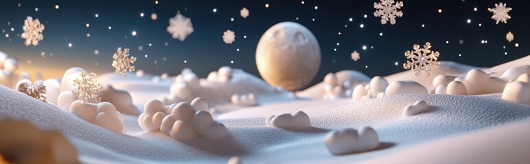 Aufkleber - Cartoon rendering in 3D of snowflakes and the Moon