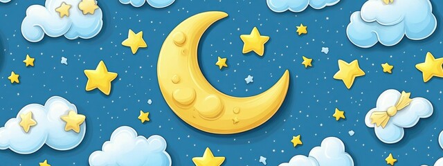 Poster - Seamless pattern featuring a 3D cartoon rendering of the moon stars and clouds in a starry night theme This boho style decorative background is ideal for wallpaper digital paper wrapping design fa