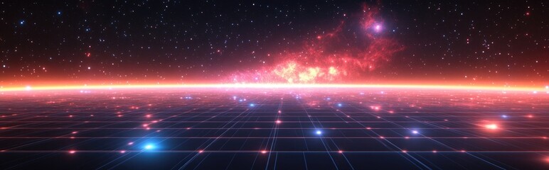Poster - Abstract landscape in a dark background featuring a star horizon cyberspace grid and a high tech network in an outer space setting 3D cartoon rendering Starry outer space texture 3D illustration