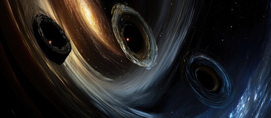 Poster - This illustration features three supermassive black holes merging in a 3D cartoon style