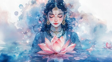 Wall Mural - Artistic portrait of Krishna with vibrant lotus flowers, detailed close-up of divine expressions and spiritual symbolism, new beautiful stock image illustration AI