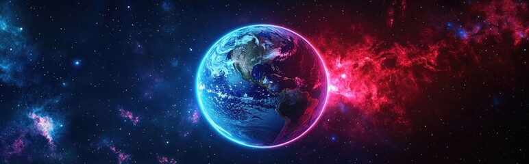 Poster - Planet Earth in outer space featuring a panoramic view with stars and galaxy in a 3D cartoon rendering Wide horizontal image
