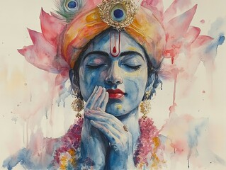 Wall Mural - Artistic portrait of Krishna with vibrant lotus flowers, detailed close-up of divine expressions and spiritual symbolism, new beautiful stock image illustration AI