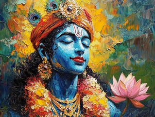 Artistic portrait of Krishna with vibrant lotus flowers, detailed close-up of divine expressions and spiritual symbolism, new beautiful stock image illustration AI