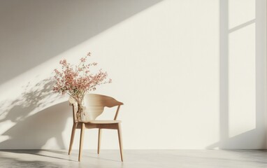 Wall Mural - 3D rendering of a chair with fresh flowers in a home decor setting against a white wall