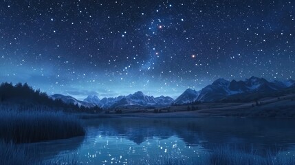 Poster - Mesmerizing starry sky over a rural landscape by the lake in a 3D cartoon rendering