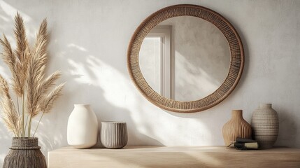 Poster - 3D rendering of wall decorations featuring a mirror and home accessories