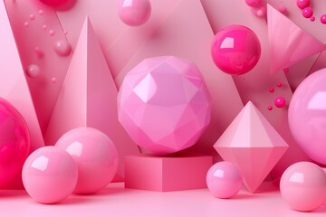 Poster - Geometric shapes in magenta, raspberry, and bubblegum colors, with a white background, 3D render, created by ai