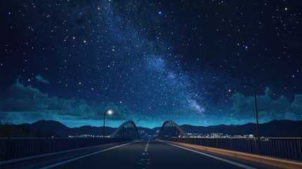 Wall Mural - Night view of the Milky Way in a vast universe above a road and bridge depicted in 3D cartoon style