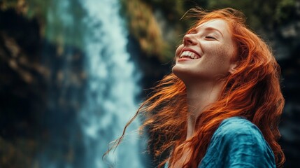 Poster - A joyful woman stands in front of a majestic waterfall. Her vibrant red hair flows freely in the breeze, capturing the essence of nature. 