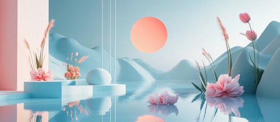 Poster - Abstract landscape scene for spring and summer featuring geometric shapes a lake and floral elements in 3D rendering