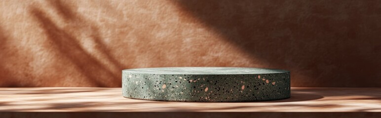 Poster - Green terrazzo cylinder podium against a textured brown wall 3D image render mockup template