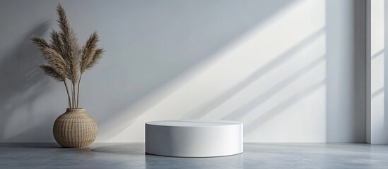 Poster - White pedestal against a gray backdrop with ample space for your decorative elements