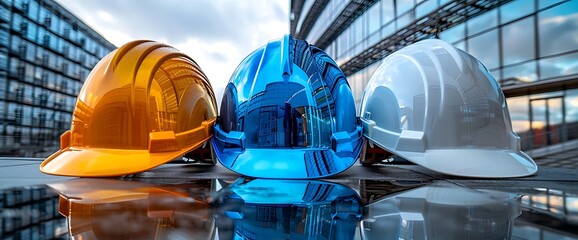 Three Construction Hard Hats Reflecting Building in the City