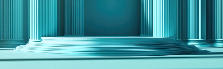 Poster - Turquoise abstract background featuring vintage column platforms and a wall Ideal backdrop design for product promotion 3D rendering