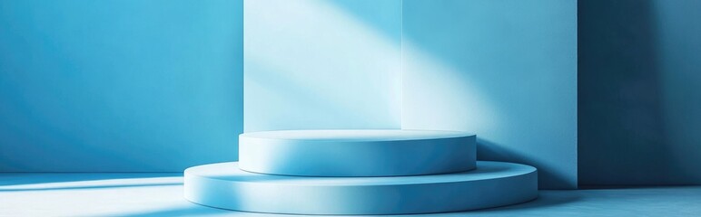 Poster - Minimalist blue background featuring a stand or podium for product display with empty backdrops 3D rendering