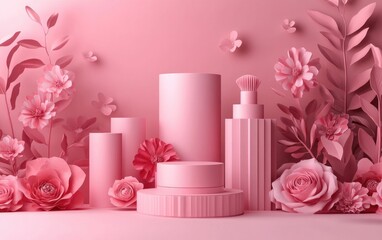 Poster - Display backdrop for cosmetic product showcase Empty display 3D rendering floral paper