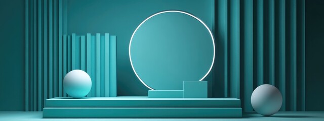 Aufkleber - Monochrome podium designed for product promotion and marketing Minimal teal 3D studio setup featuring geometric shapes and a circular display
