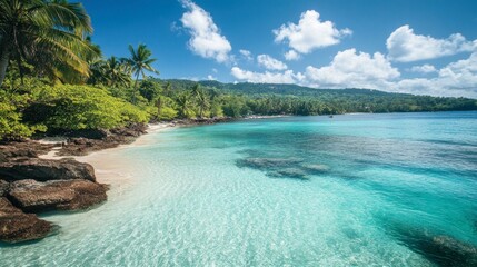 Wall Mural - A stunning view of a tropical beach, with crystal-clear turquoise water and palm trees swaying in the breeze.