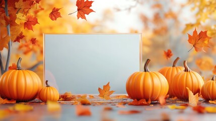 Aufkleber - Autumn themed Halloween backdrop featuring orange pumpkins alongside a blank frosted glass sign 3D rendering 3D illustration