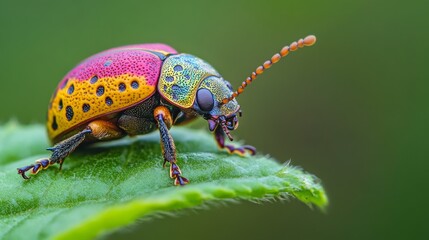 Poster - A close-up of a colorful beetle crawling on a green leaf, with intricate details of its shell and the leaf's texture clearly visible, set against a blurred background.