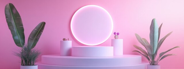 Fototapete - Pastel pink and white podiums in a geometric scene background suitable for showcasing playful accessories fashion items cosmetics or beauty products 3D rendering