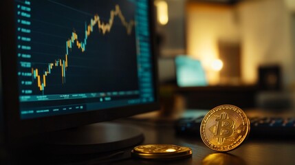 Poster - A close-up of a computer monitor showing a detailed candlestick chart specifically tracking gold prices, with a shiny gold coin on the desk in the foreground.