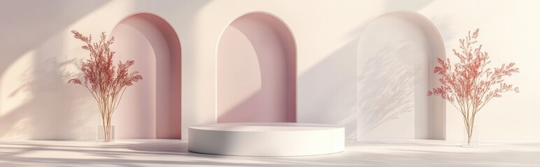Poster - Abstract minimal scene featuring geometric shapes Empty cylindrical podium set against a minimalistic background Design intended for product showcase 3D rendering