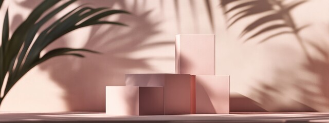Poster - Cosmetic backdrop for product branding and packaging display featuring geometric square shapes on a podium stage with leaf shadow effects