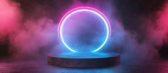 Poster - Empty podium surrounded by a gradient neon ring on a backdrop 3D render featuring an abstract scene with a pink and blue neon frame