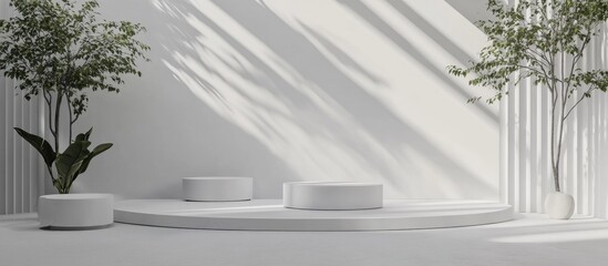 Poster - Clean white 3D interior featuring a set of round podiums for product display Ideal setting for showcasing or promoting items through mockup 3D rendering designed for advertising purposes