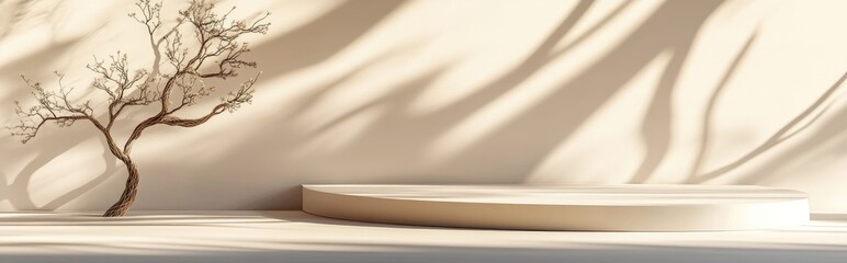Poster - Premium podium on a soft background for product showcase featuring an abstract geometric arrangement with a branch and shadow on the wall 3D render Mockup for showcases and promotional purposes