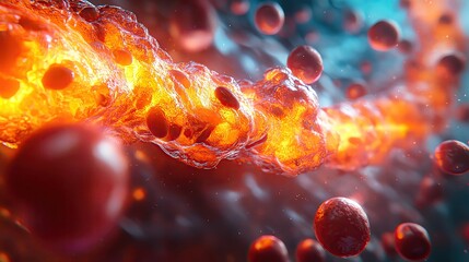 Poster - A stunning close-up view of vibrant particles flowing through a dynamic medium, showcasing energetic movement and vivid colors.