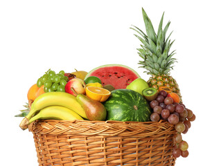 Wall Mural - Many different fresh fruits in wicker basket isolated on white