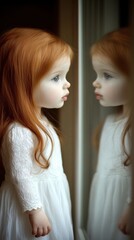 A little girl looking at herself in the mirror