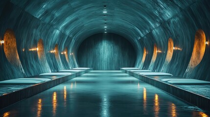 Wall Mural - A stunning interior of a modern tunnel, featuring glowing lights and a serene atmosphere, perfect for architectural and design projects.