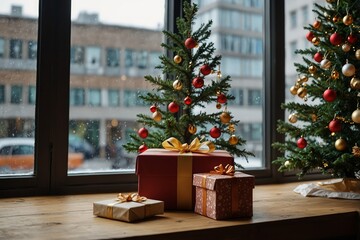 Christmas tree and gift boxes near the window