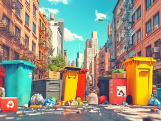 Colorful trash cans line a city street filled with overflowing garbage.