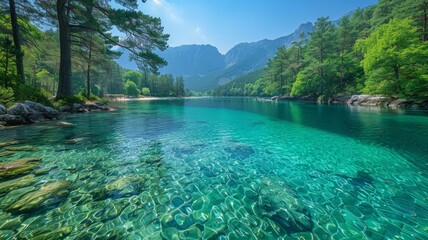 Beautiful summer view of a lake with crystal-clear turquoise waters, bordered by lush green forests. Generative AI