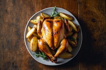 A roasted whole chicken on a plate with roasted potatoes and fresh herbs