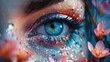 © Ashalina - Close-up of a woman's blue eye with glitter makeup and pink flowers.