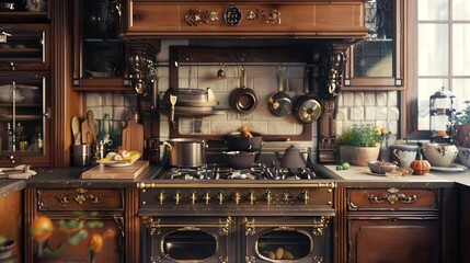 Wall Mural - Show a rustic kitchen with a classic stove featuring ornate details, with a cook preparing a traditional dish like pot roast or stew