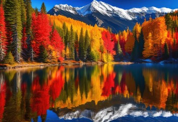 Wall Mural - breathtaking mountain vistas showcasing vibrant seasonal changes lush colorful majestic peaks under clear blue skies, autumn, beauty, cliff, exploration