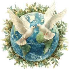 a peaceful illustration featuring two doves above a globe, surrounded by greenery, symbolizing harmo