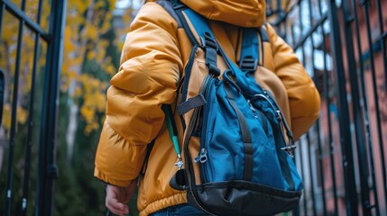 Poster - Show a student adjusting the straps of their school bag while standing at the school gate.