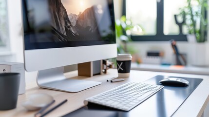 Poster - Show a stylish office setup with a computer, including a large monitor and a modern keyboard.