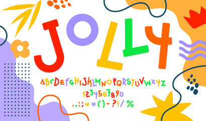 Poster - Funny cute font, creative children game type, comic typeface on floral pattern vector background. Funky color english alphabet letters and numbers typography set. Kids cute font, funny abc characters