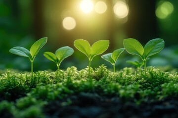 Four small green plants grow in moss with a blurry sunlit background.